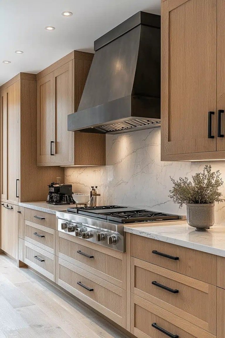 Two-tone kitchen with natural wood cabinets and a stainless steel range hood — MDR Design-Build-Remodel