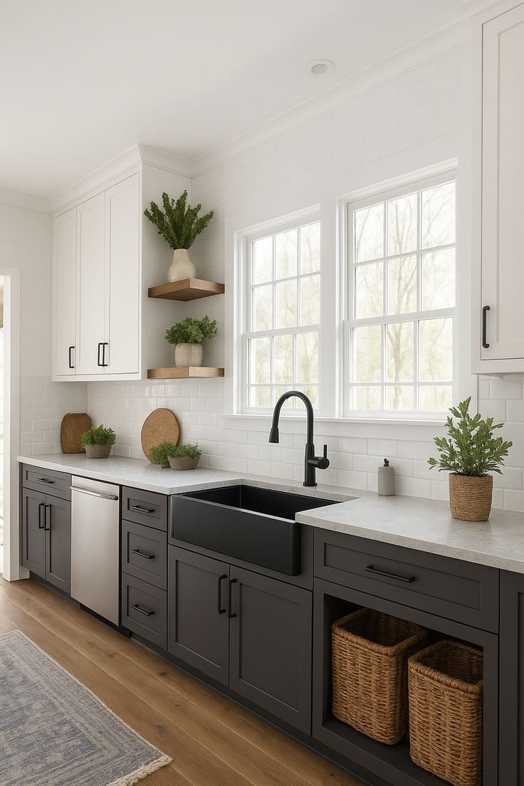 Transitional kitchen with white uppers, dark lower cabinets, and a black faucet — MDR Design-Build-Remodel