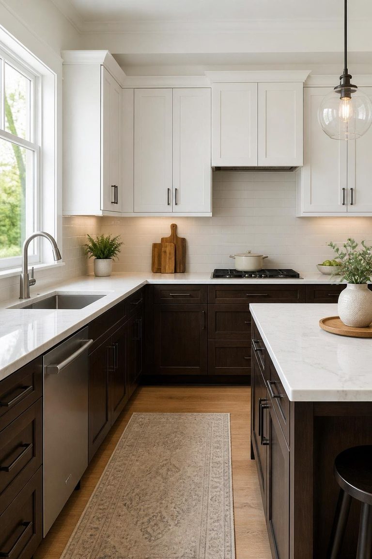 U-shaped kitchen with white cabinets, a dark island, and quartz countertops — MDR Design-Build-Remodel