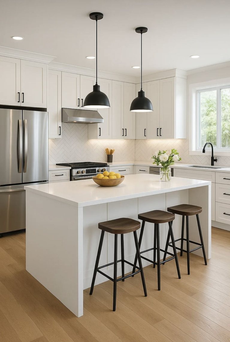 Farmhouse kitchen with a white island, counter stools, and shaker cabinets — MDR Design-Build-Remodel