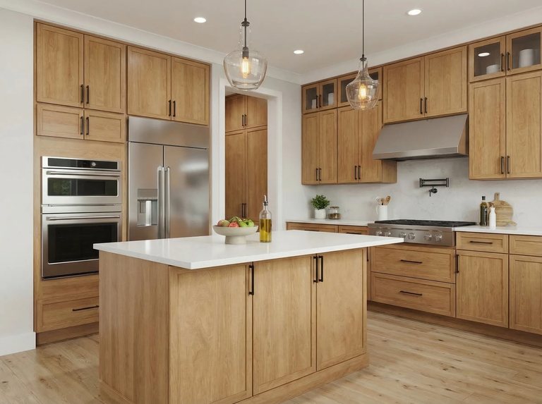 Spacious wood-cabinet kitchen with a large island and double wall ovens — MDR Design-Build-Remodel