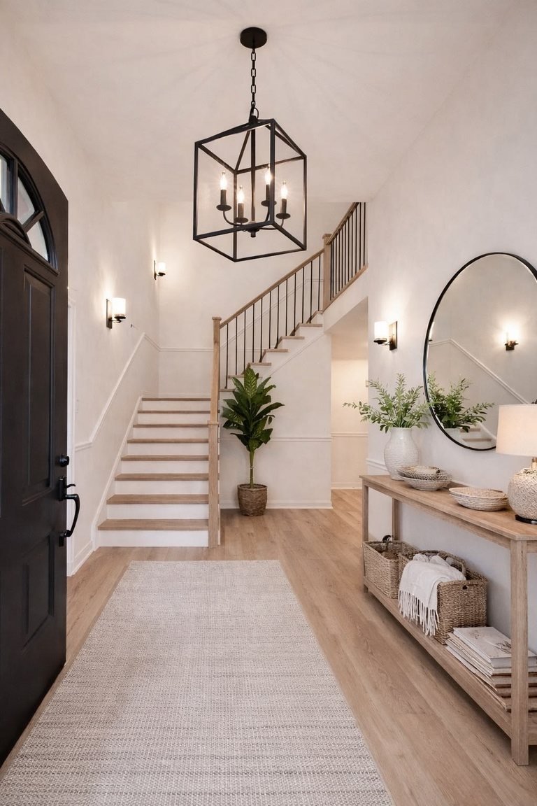 Two-story entry with a staircase and modern chandelier — MDR Design-Build-Remodel